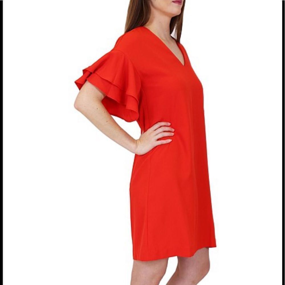 Zara Dress Red Tiered Ruffled Short Flounce Sleeves V Neck EUC  XS
